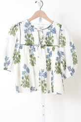 Puff Isla Top - Blue Clematis Flowers + Midnight Embroidery