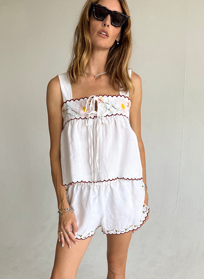 Ander Linen Top - White Embroidered