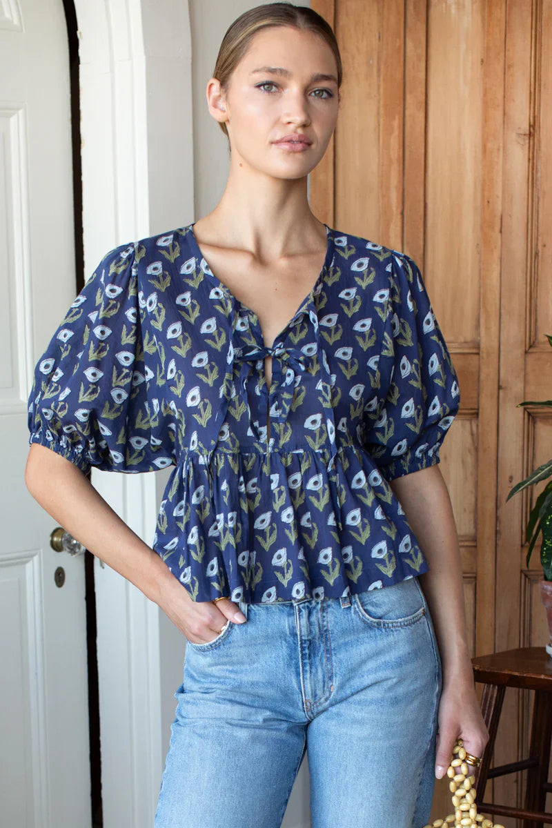 Bastian Top - Pressed Poppies Blue Indigo Organic