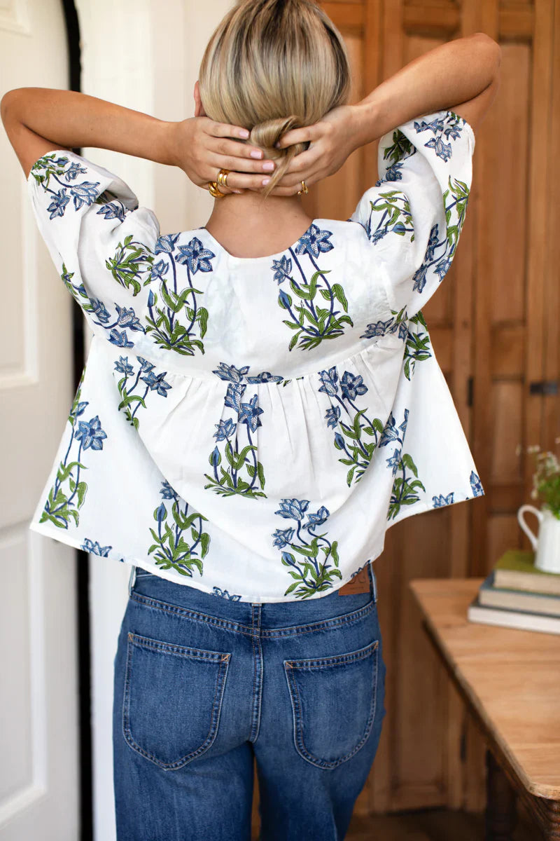 Puff Isla Top - Blue Clematis Flowers + Midnight Embroidery