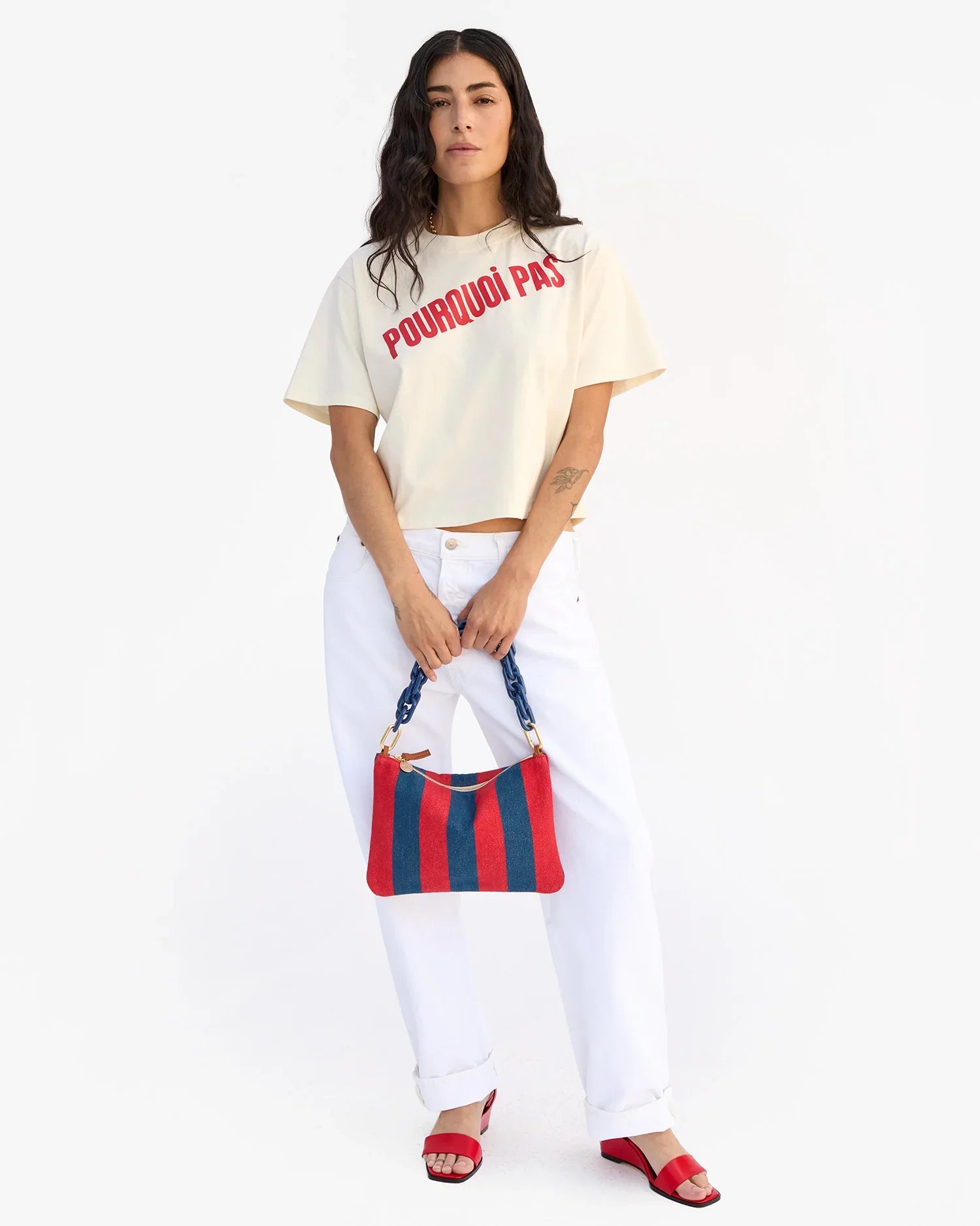 Flat Clutch with Tabs - Poppy/French Blue Canvas Stripe