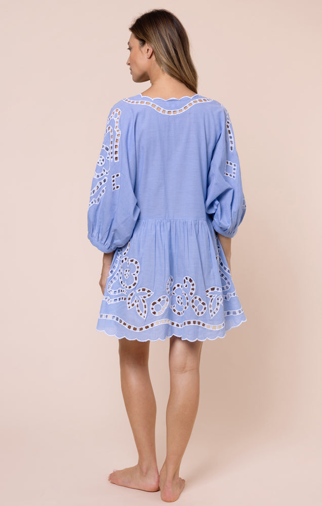 Loose Mini Dress w/ Oversized Cutwork - Blue/White