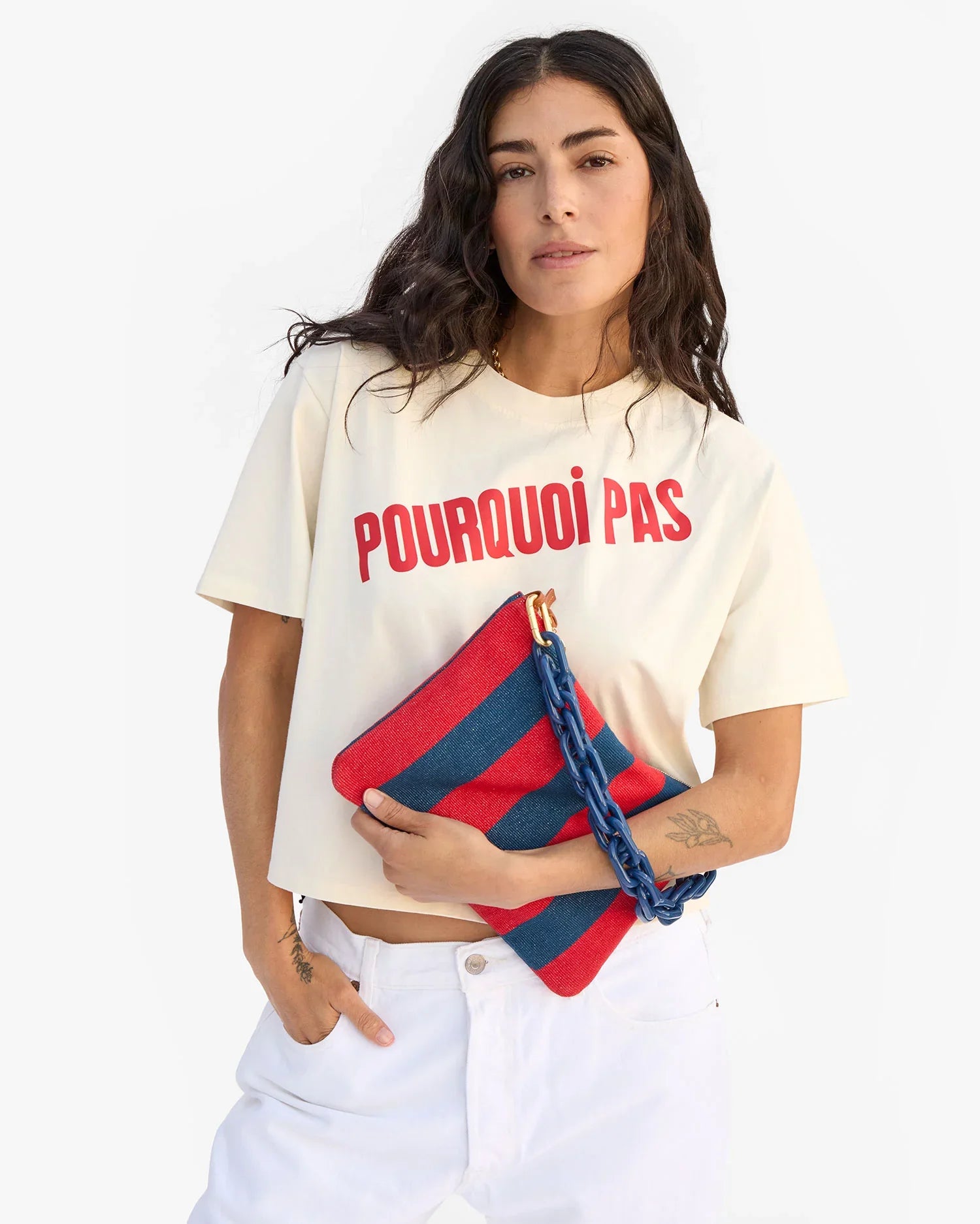 Flat Clutch with Tabs - Poppy/French Blue Canvas Stripe