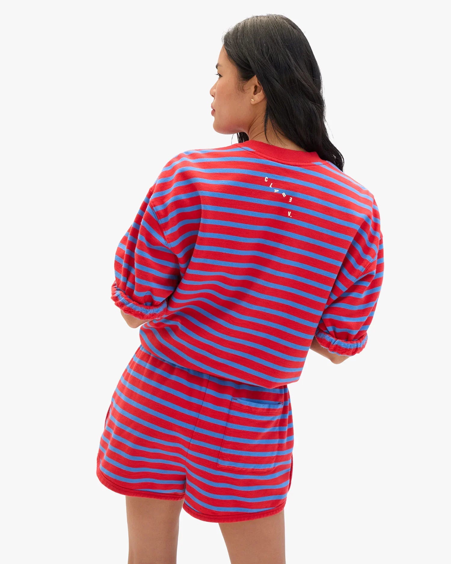 Short Sleeve Oversized Sweatshirt  - Red/Bright Cobalt Stripes