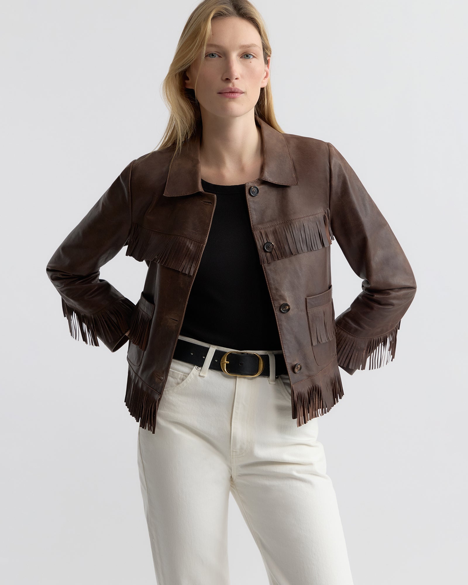 Lazare Fringe Leather Jacket - Dark Brown
