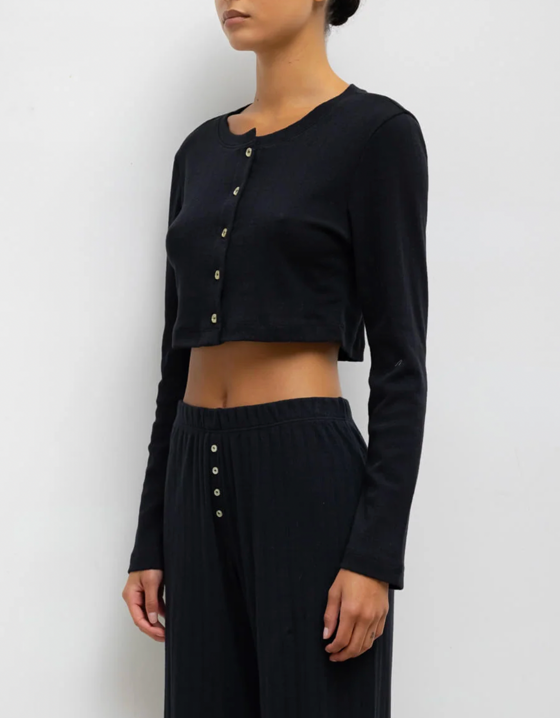 Pointelle Crop Cardigan - Black