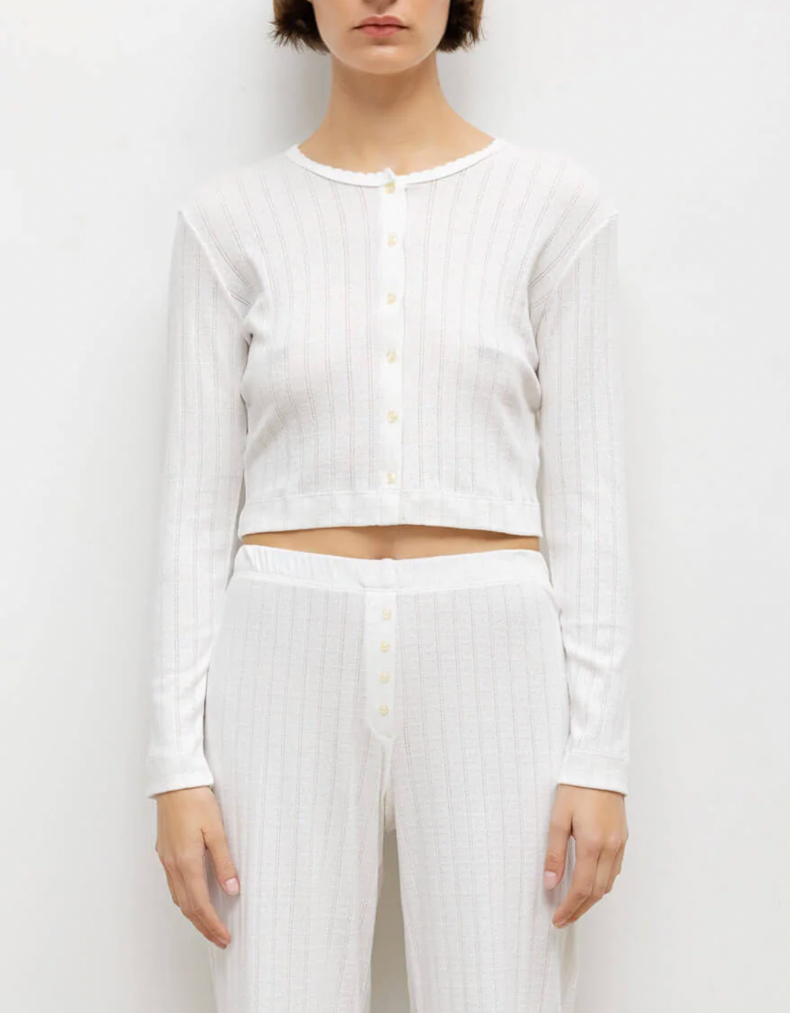 Pointelle Crop Cardigan - White