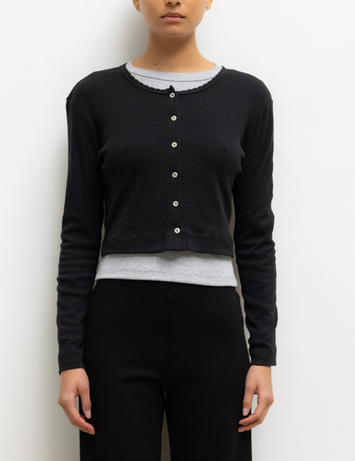 Pointelle Crop Cardigan - Black