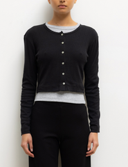 Pointelle Crop Cardigan - Black