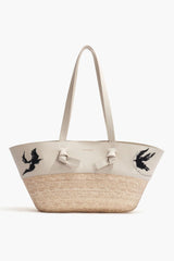 Knot Basket Small Long Handle - Ivory Embroidered Bird