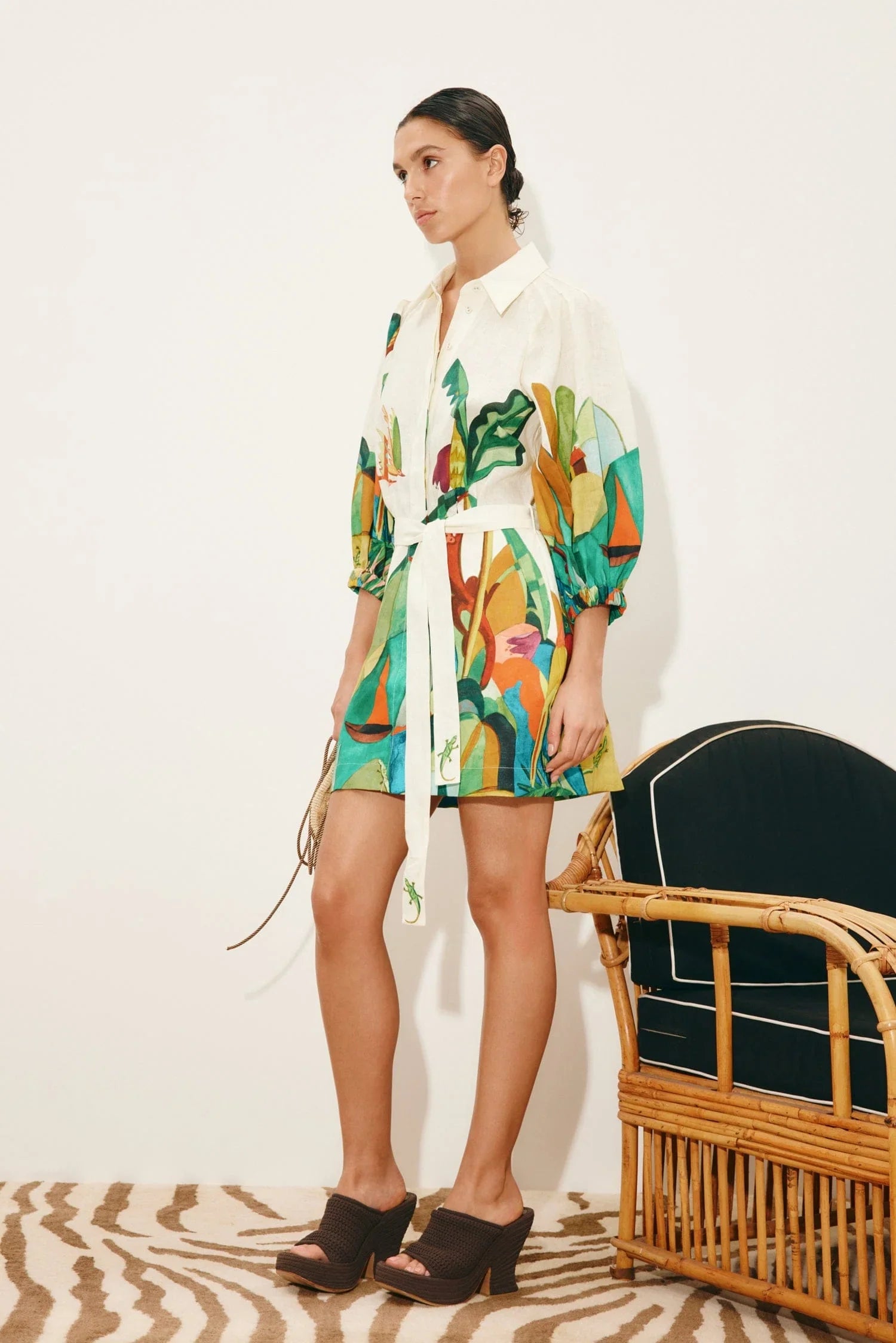 Mokshini Mini Dress - White/Green Multi