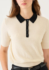 Celia Waffle Pointelle Polo Top - Ecru / Black