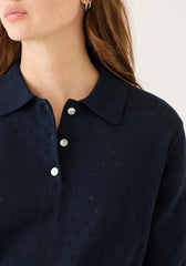 Logan Pointelle Cotton Polo Top - Navy